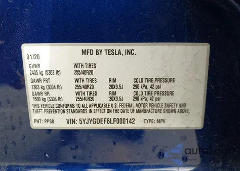 2020 Tesla Model Y Long Range Dual Motor All-Wheel Drive/Performance Dual Motor All-Wheel Drive from USA, damaged, VIN 5YJYGDEF6LF000142